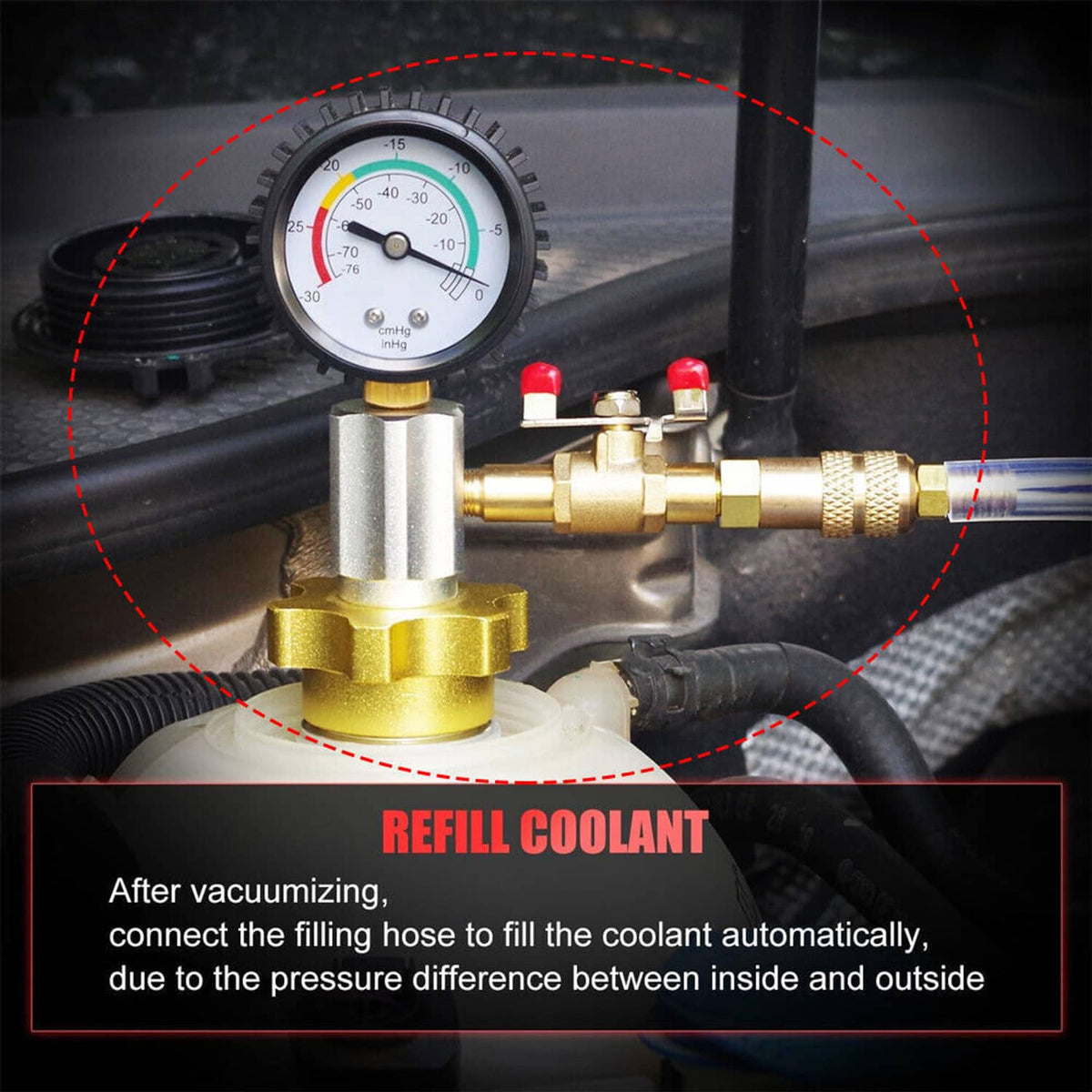 Coolant refill vacuum tool on engine with pressure gauge, brass valve, and clear hose