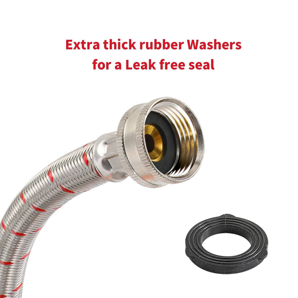 Braided stainless washing machine hose end with thick rubber washer gasket and metal coupler