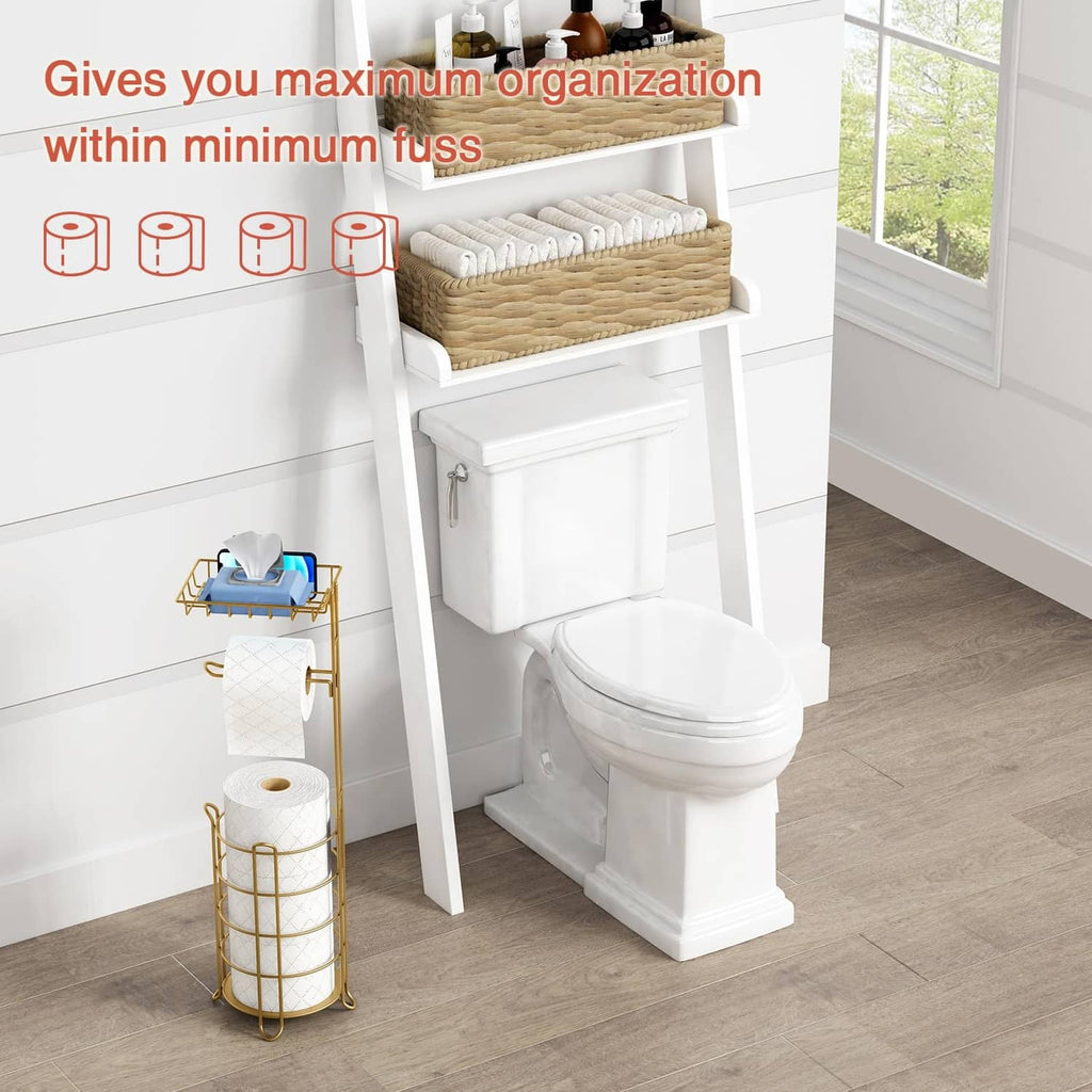 Gold freestanding toilet paper holder stand with mesh sides holding multiple rolls