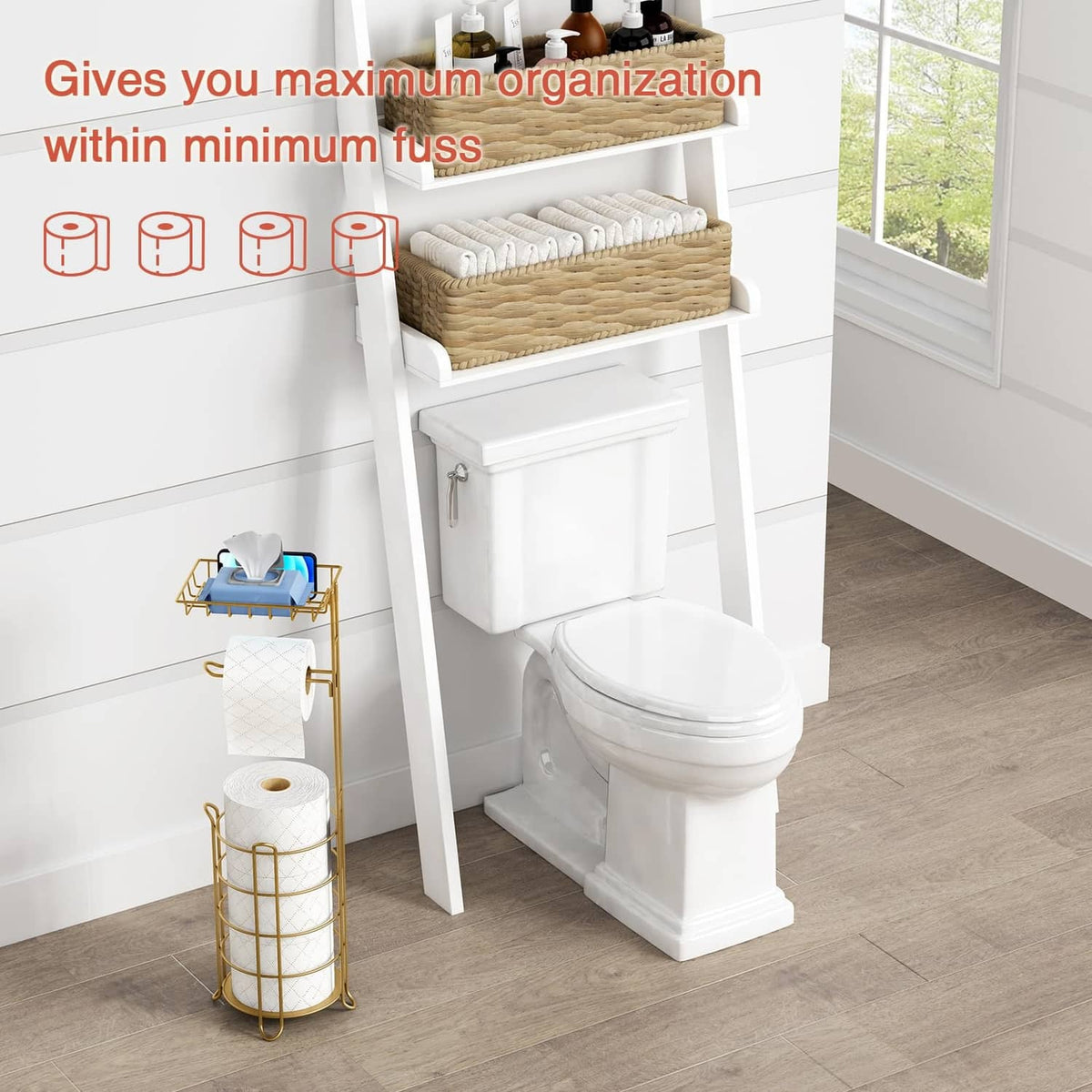Gold freestanding toilet paper holder stand with mesh sides holding multiple rolls
