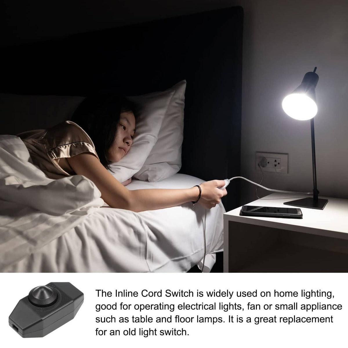 Inline cord dimmer switch on lamp cord with rotary knob