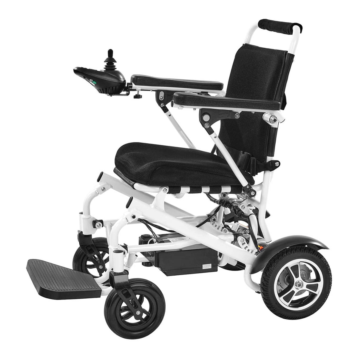 Foldable electric wheelchair front-side view with black seat and footrests