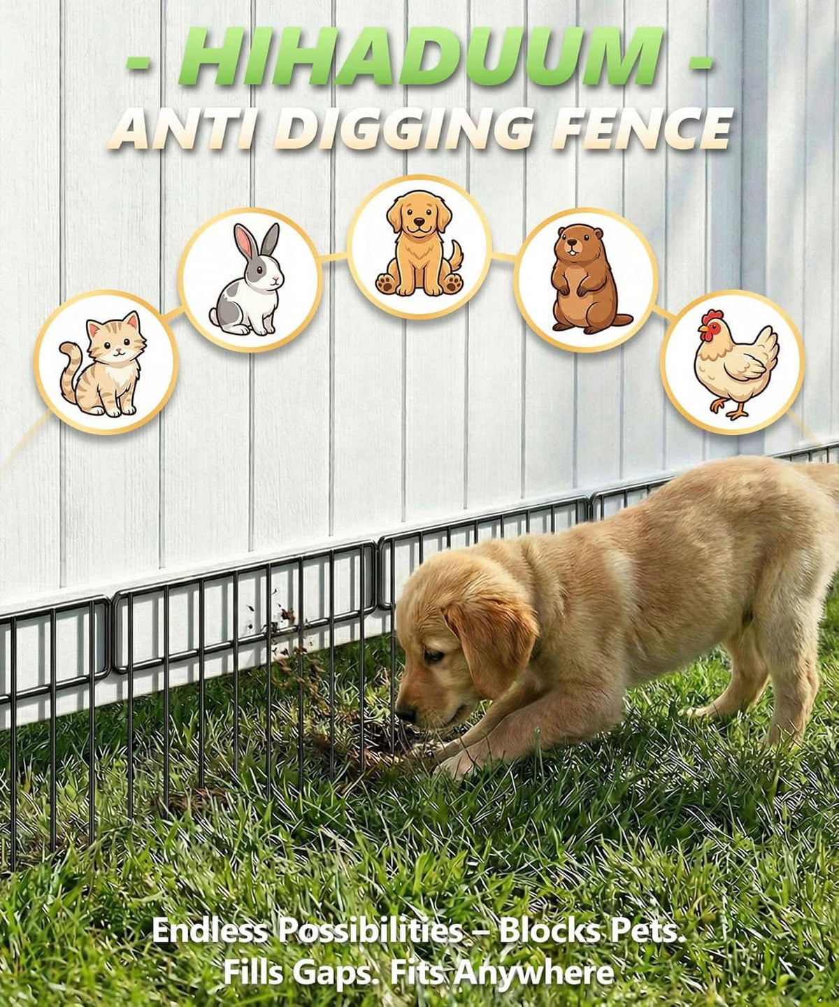 Black anti-dig digging fence barrier on grass with a dog and pet protection icons