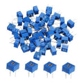 Assorted blue trimmer potentiometers with star adjustment tops and three pins each