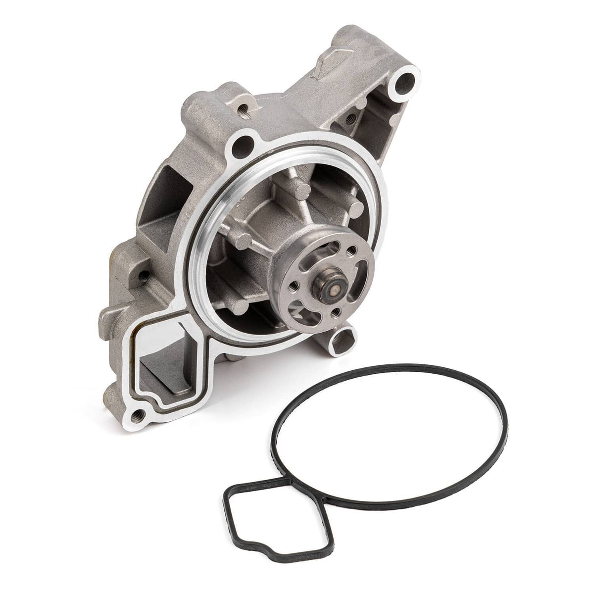 Water pump housing with gasket and mounting flange, plus outlet opening