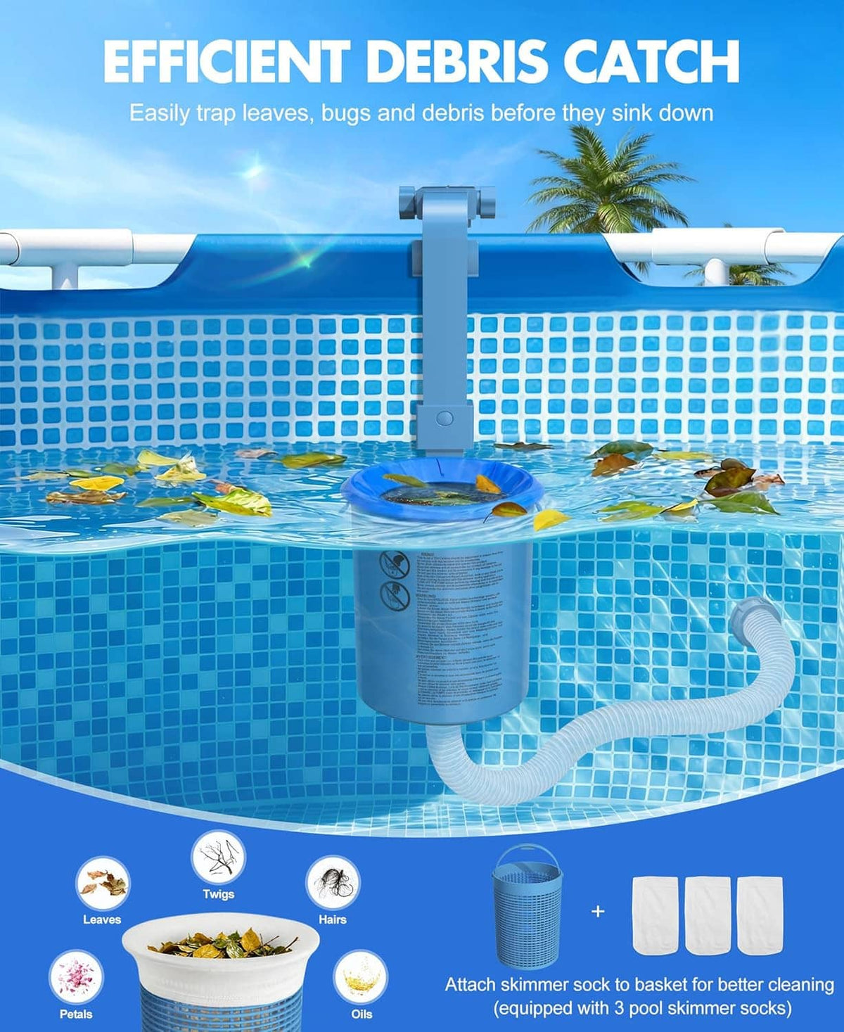 Above-ground pool skimmer basket capturing debris with blue bucket and included socks
