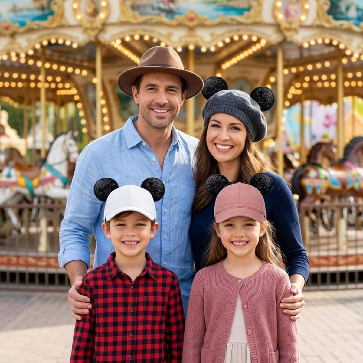 Family wearing black plush mouse-ear hat toppers on caps and a knit beanie.
