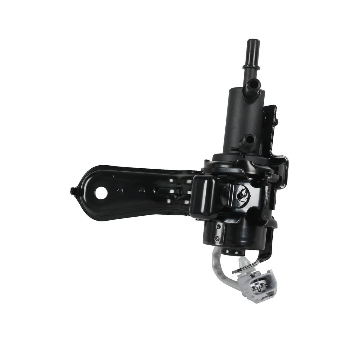 Fuel tank reservoir valve assembly with black bracket and attached electrical connector