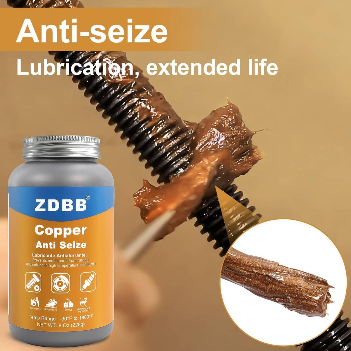 Copper anti-seize paste on rusty bolt threads with ZDBB bottle in view