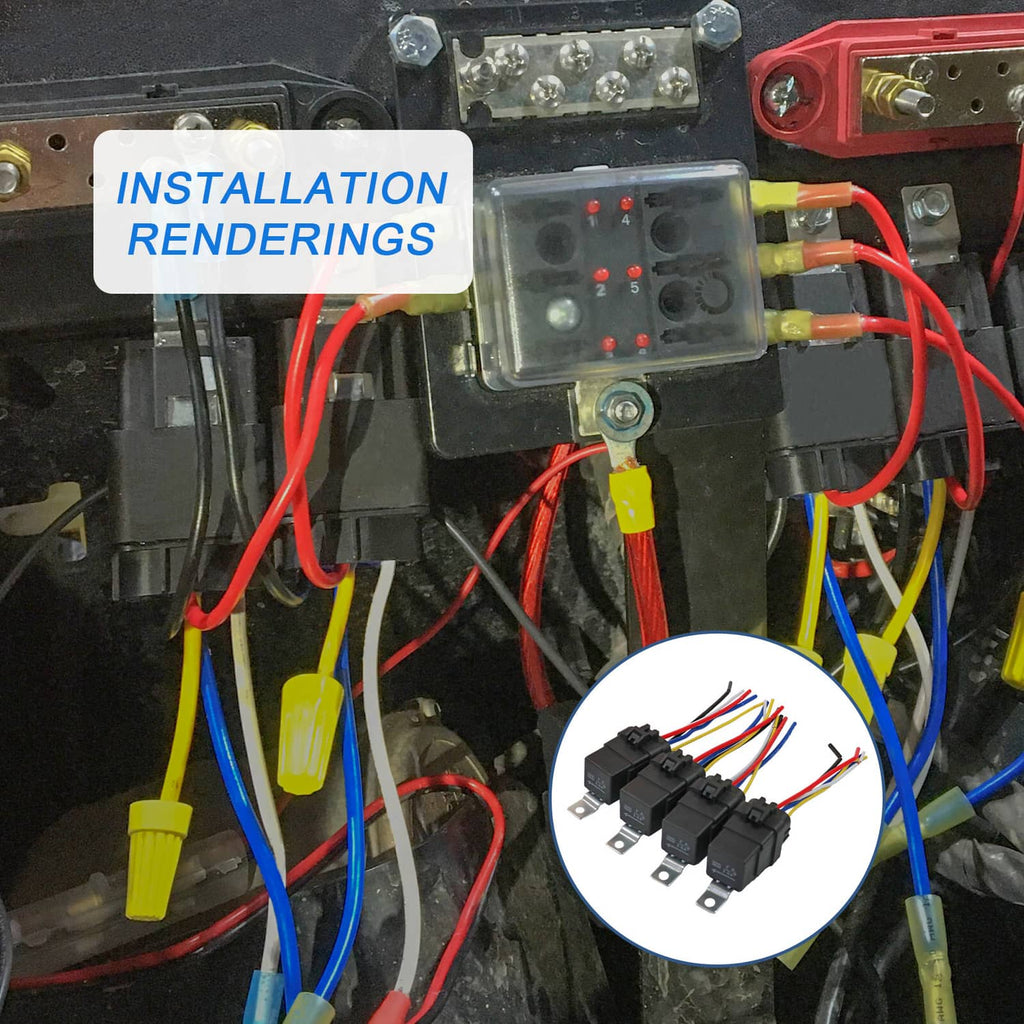 Relay harness installation showing black 5-pin connectors and multicolor wiring
