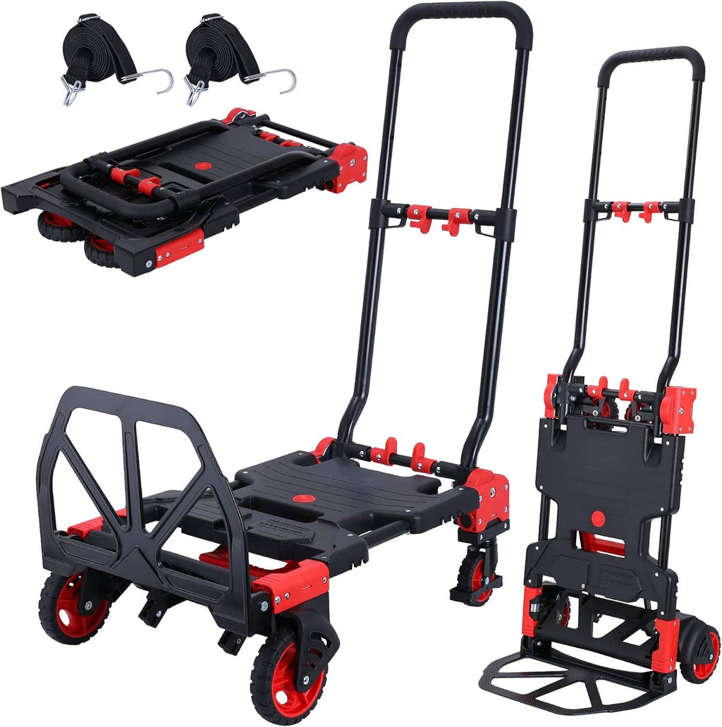 Compact 2-in-1 folding hand truck dolly with black deck, red trim, and caster wheels