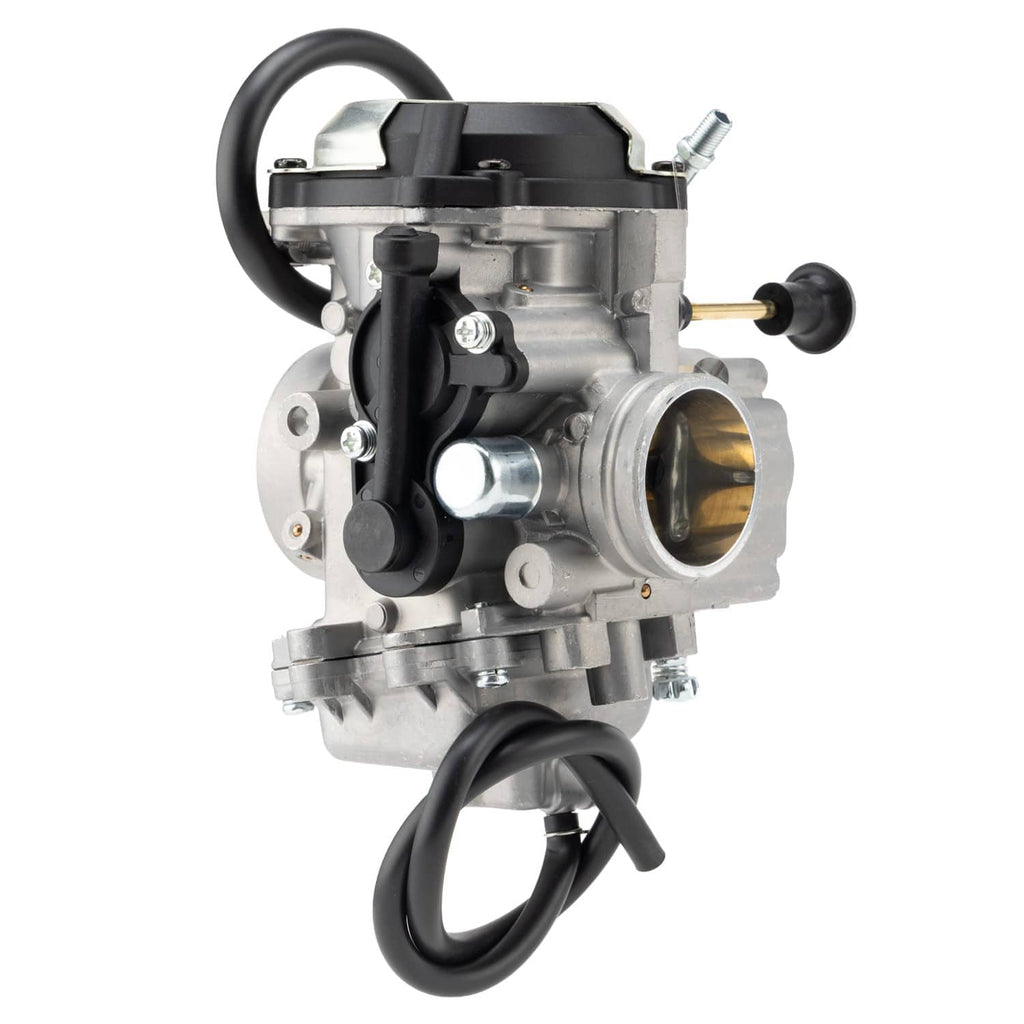 ATV carburetor assembly side view, silver housing with black cables and gold inlet fitting