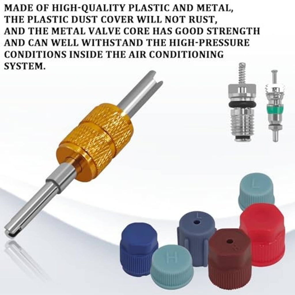 Car AC valve core kit with gold removal tool, colored dust caps, and metal valve cores