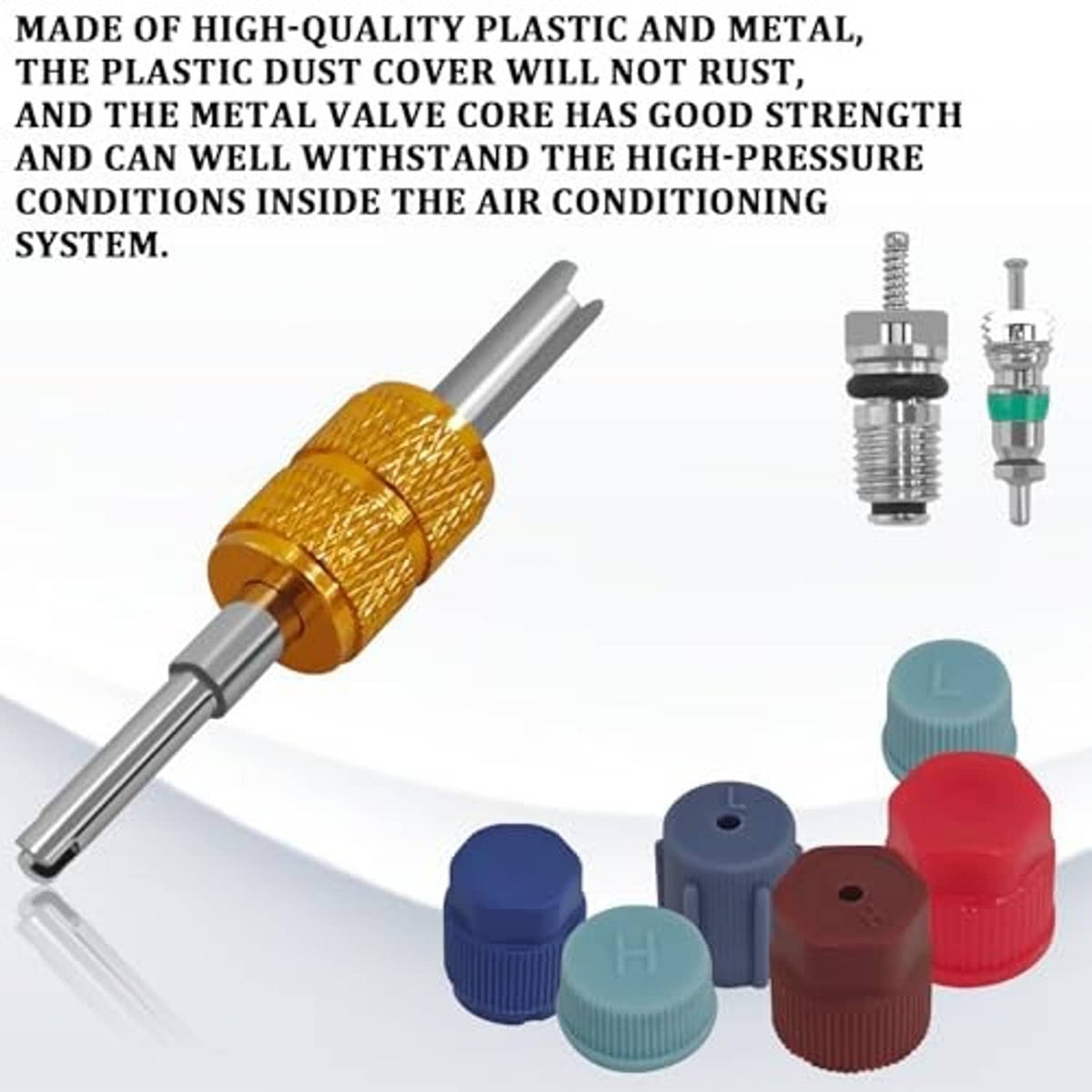 Car AC valve core kit with gold removal tool, colored dust caps, and metal valve cores