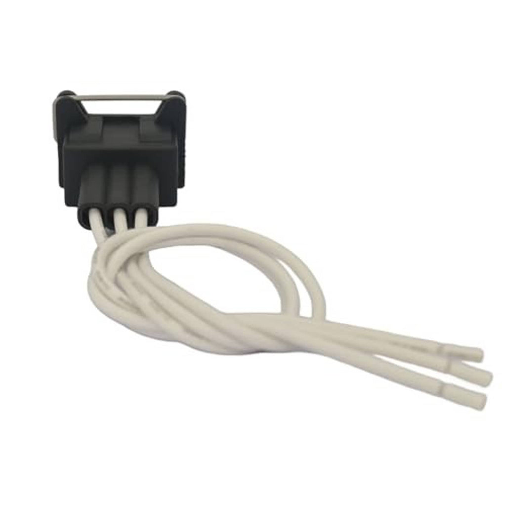Wiring harness pigtail connector with black cap and white insulated wires