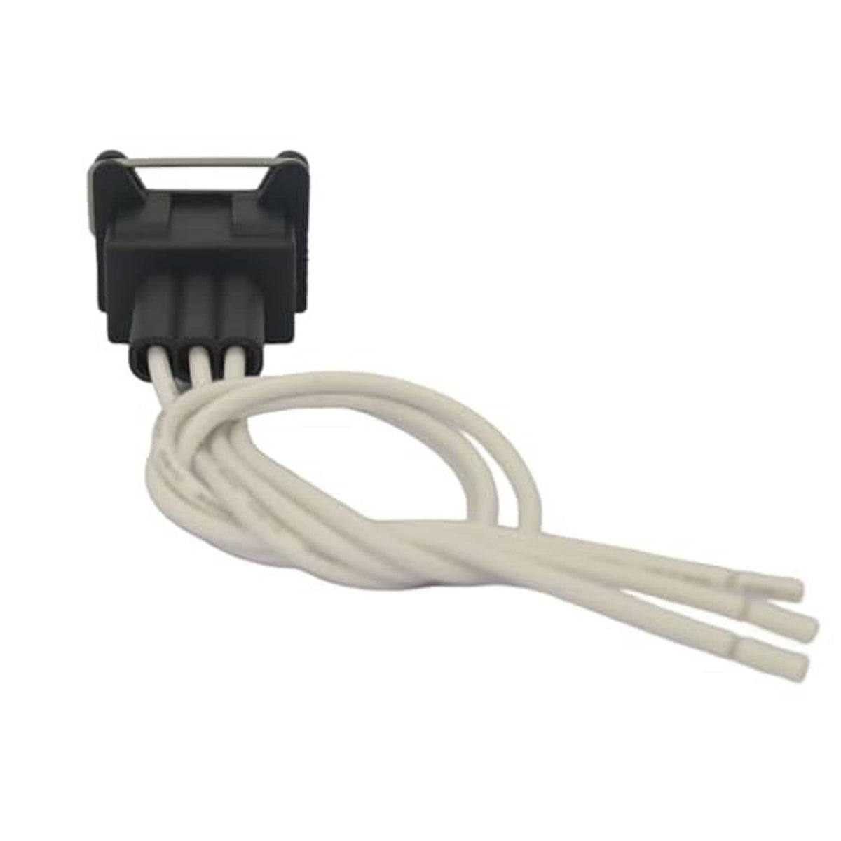 Wiring harness pigtail connector with black cap and white insulated wires