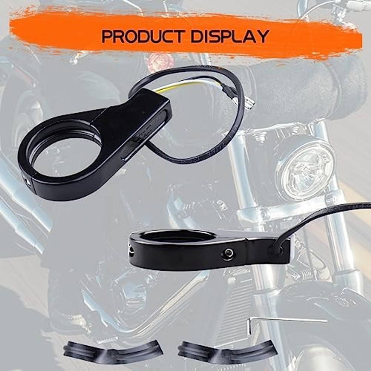 Black LED front turn signal relocation kit with wiring module and fork mounts