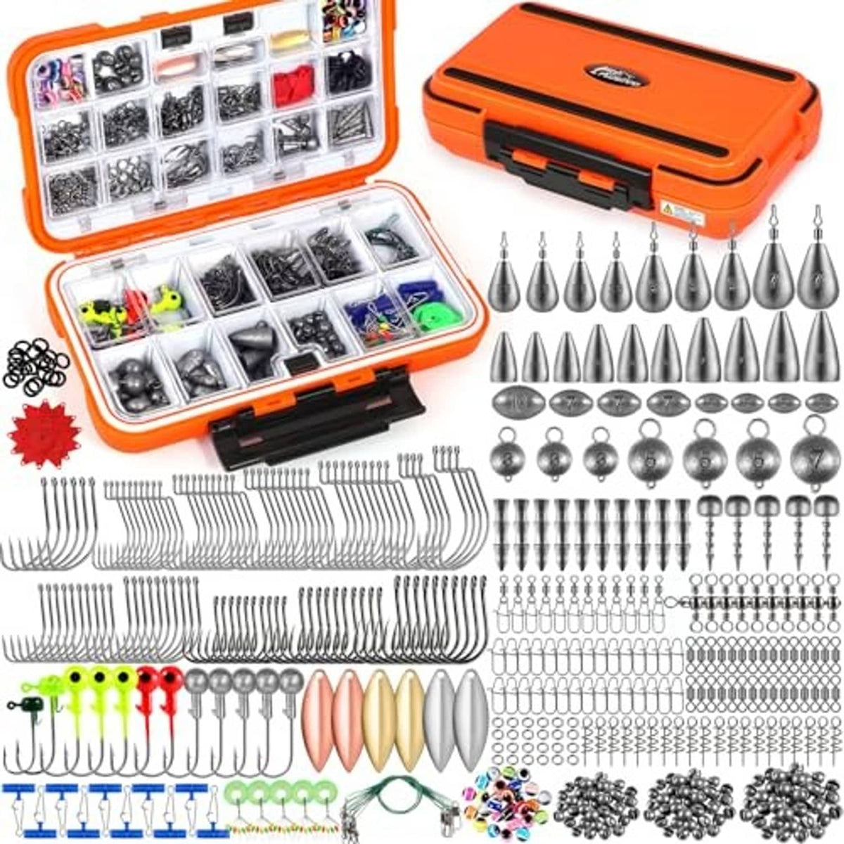 Top view of open orange tackle box kit with many divided compartments and lure parts