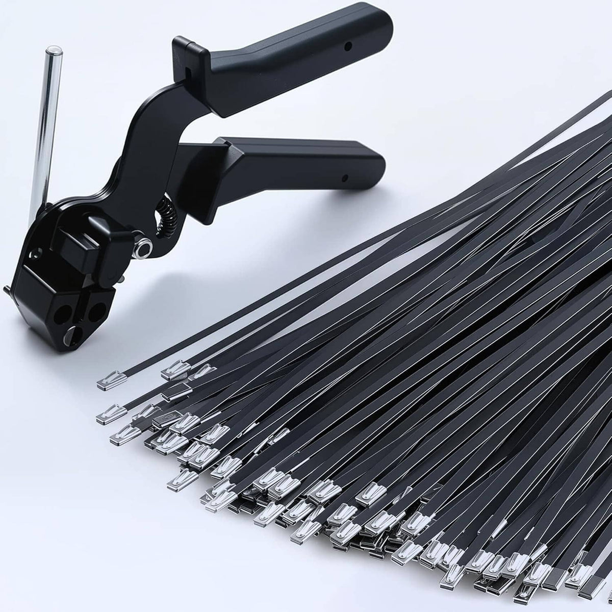 Black metal zip ties with stainless steel tie gun and metal head clips