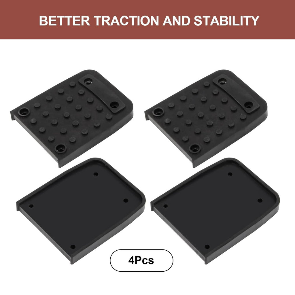 Four black rubber anti-slip stilt pads with raised nubs and corner mounting holes