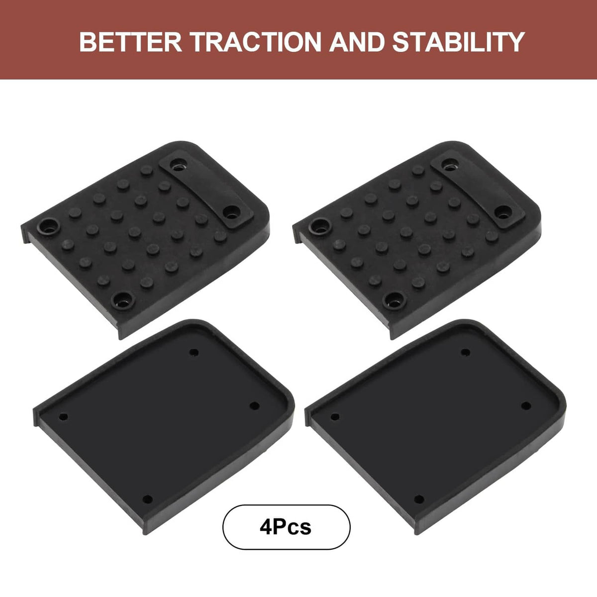 Four black rubber anti-slip stilt pads with raised nubs and corner mounting holes