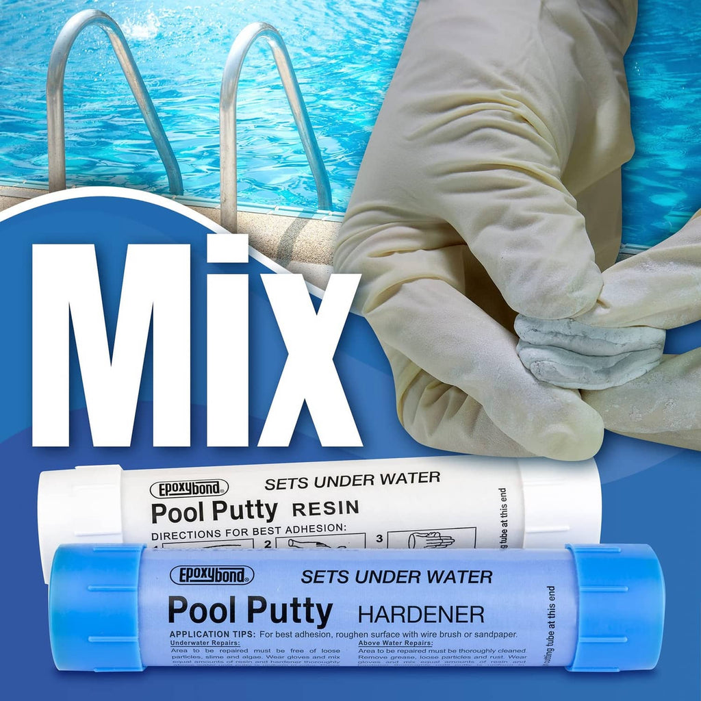 Gloved hand beside underwater pool putty resin and hardener tubes