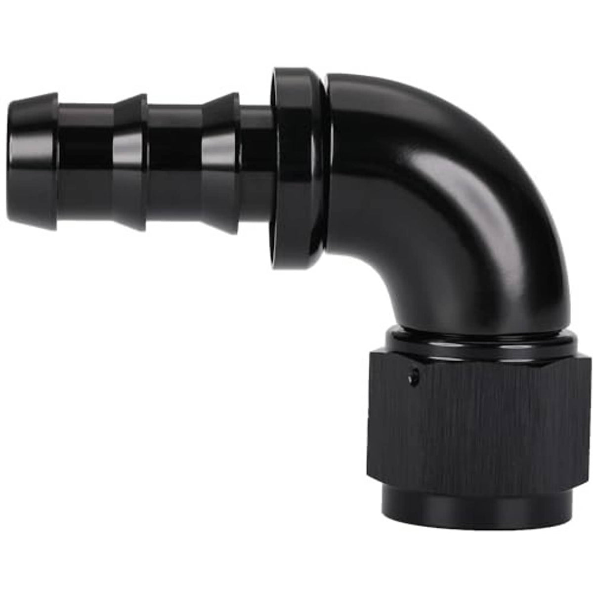 Black 90-degree push-lock hose elbow with textured push-lock collar