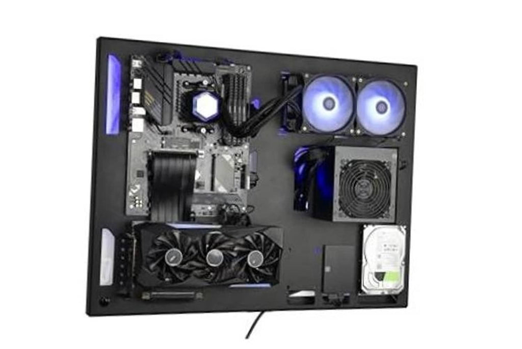 Wall-mounted gaming PC case, black interior with RGB fans and graphics card