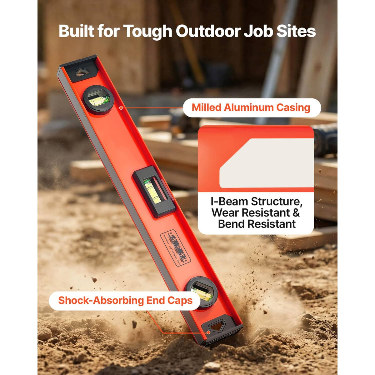 Orange rugged I-beam magnetic level with milled aluminum casing and shock caps