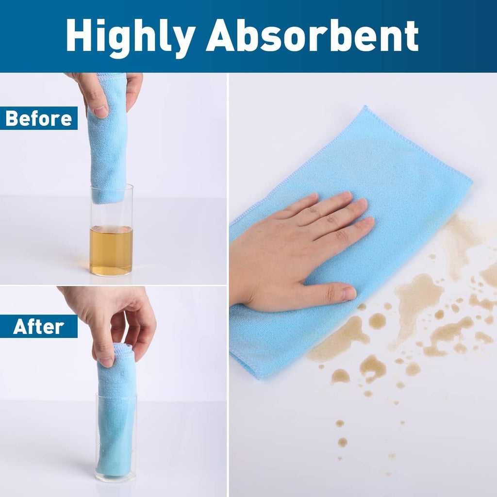 Blue microfiber cleaning towel wiping and absorbing a spill