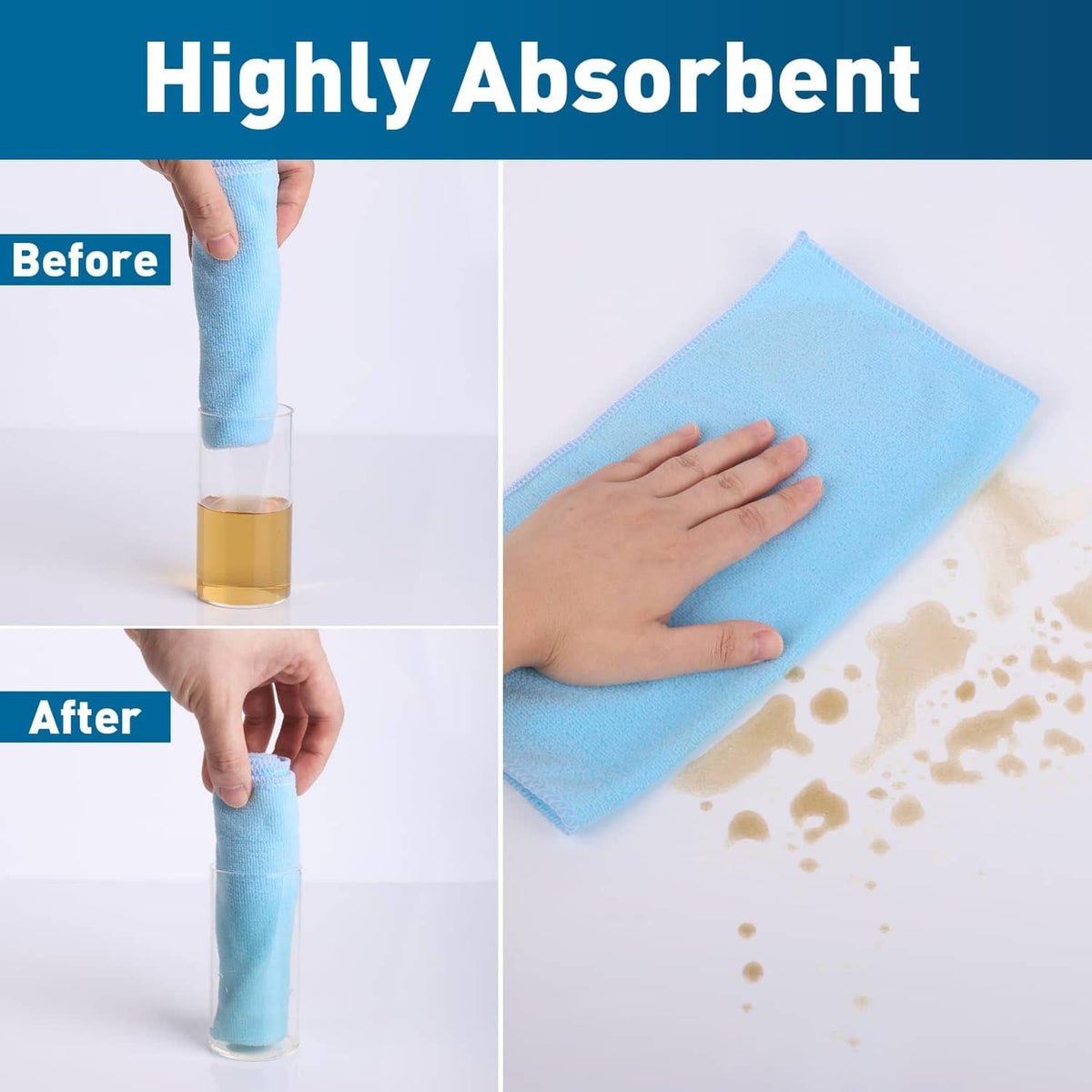 Blue microfiber cleaning towel wiping and absorbing a spill