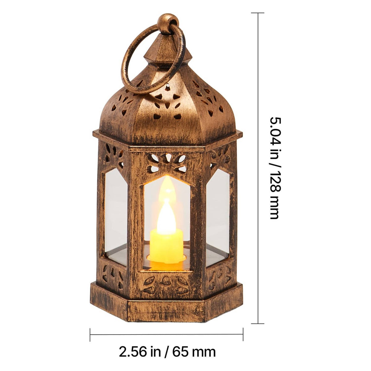 Bronze LED flameless candle lantern with glowing candle, perforated metal frame