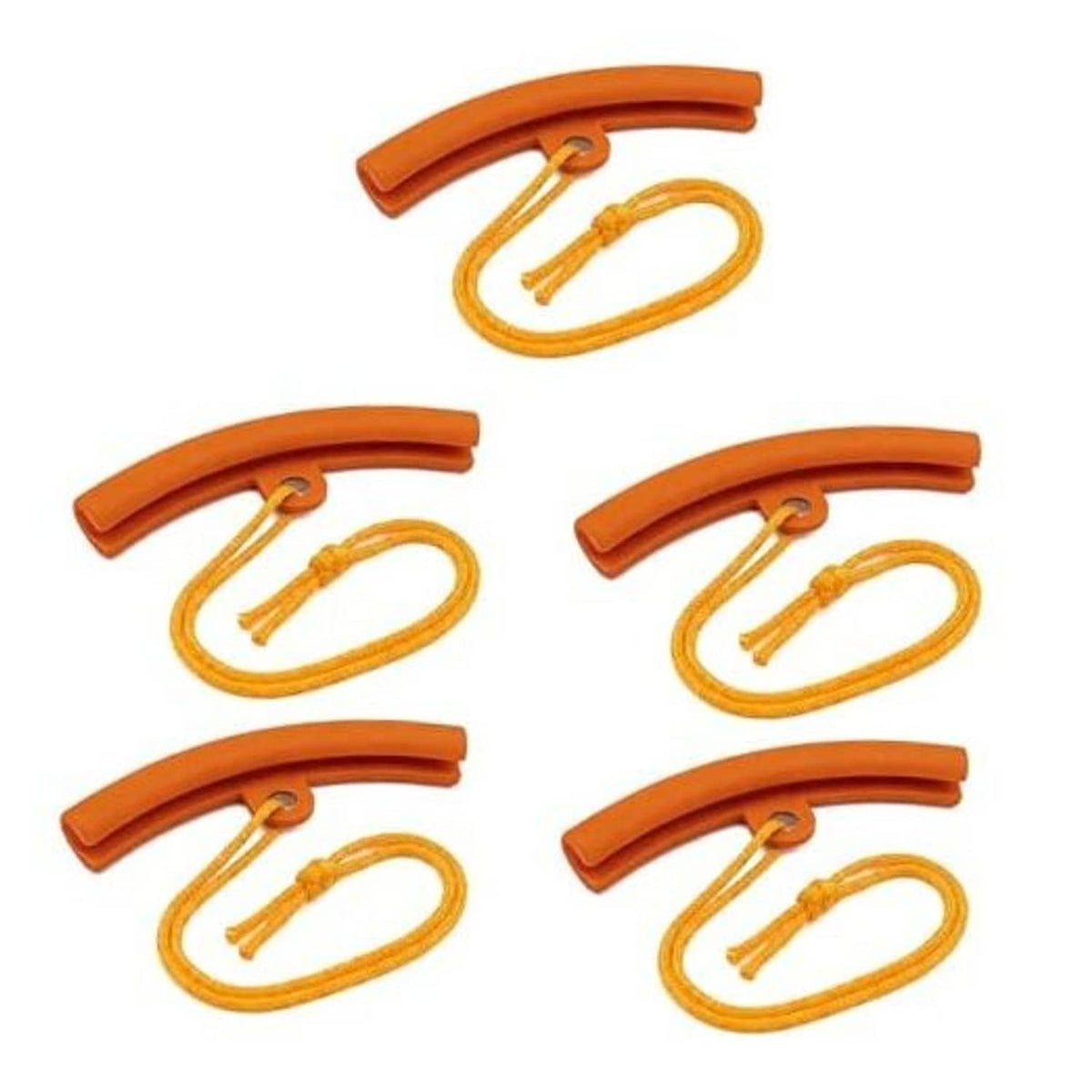 Set of 5 orange wheel rim protectors with yellow lanyards and hooks