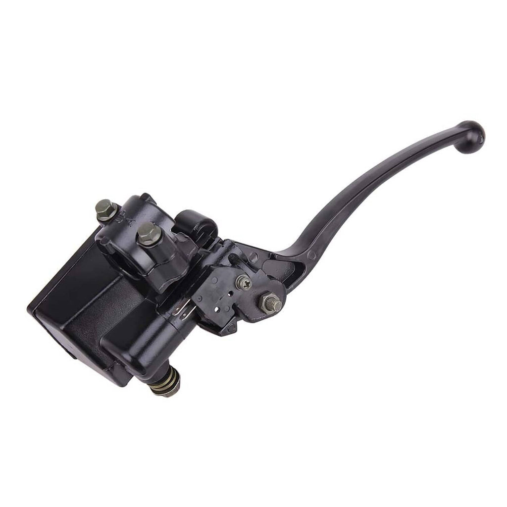 Black brake master cylinder housing with lever and two hydraulic port fittings