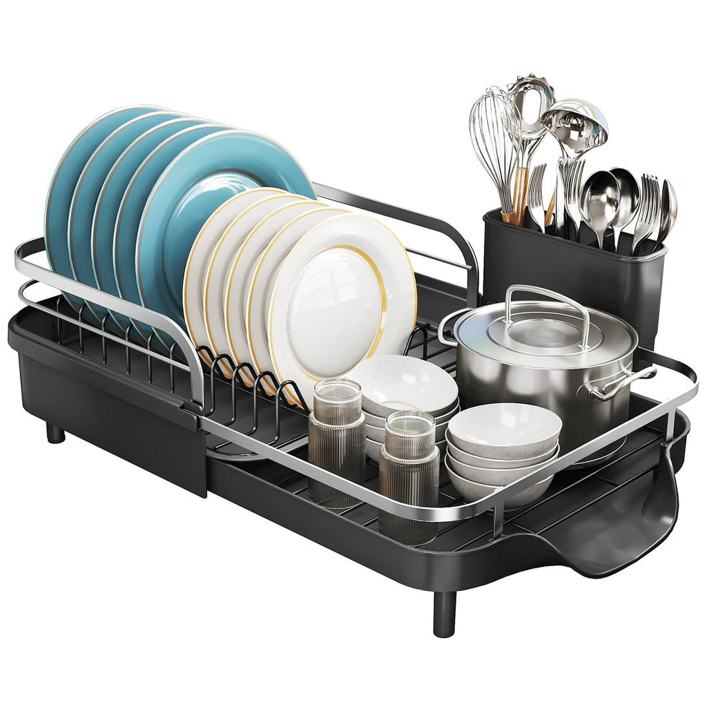 Black expandable dish drying rack with plate racks, utensil holder, and lid pot set
