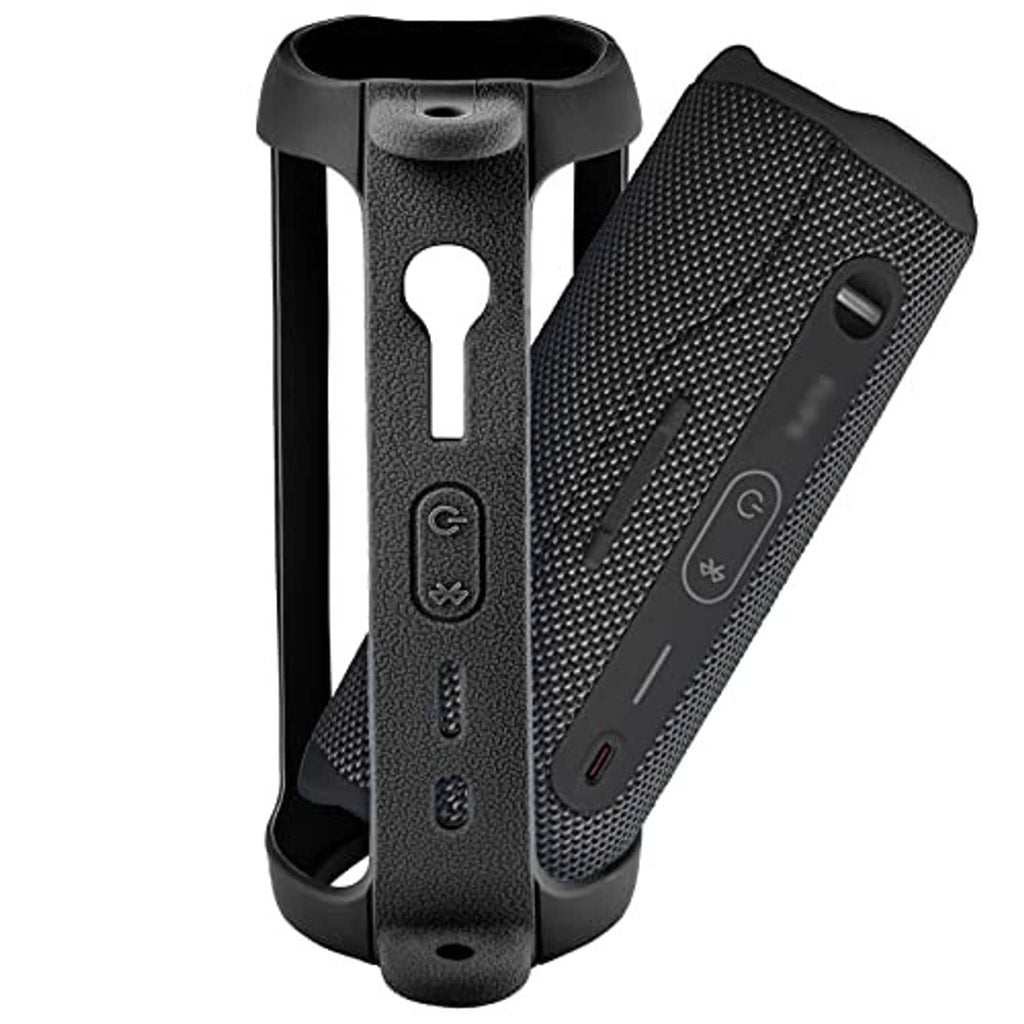 Silicone speaker case with open port area and wrist loop, dark gray mesh.