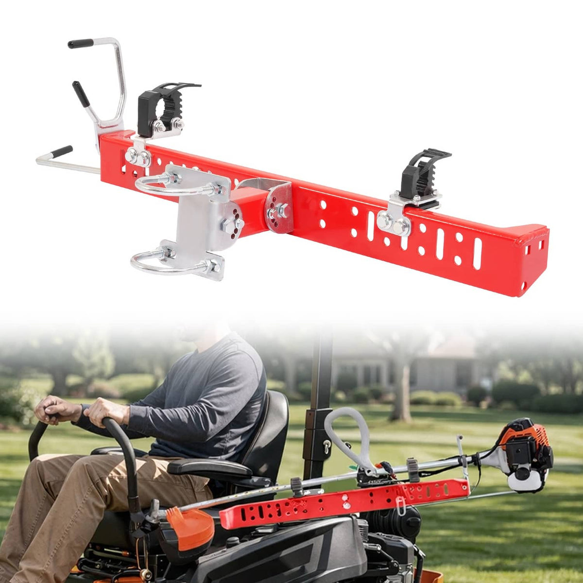 Red trimmer rack attachment with bracket and mounting hardware for mower roll bar