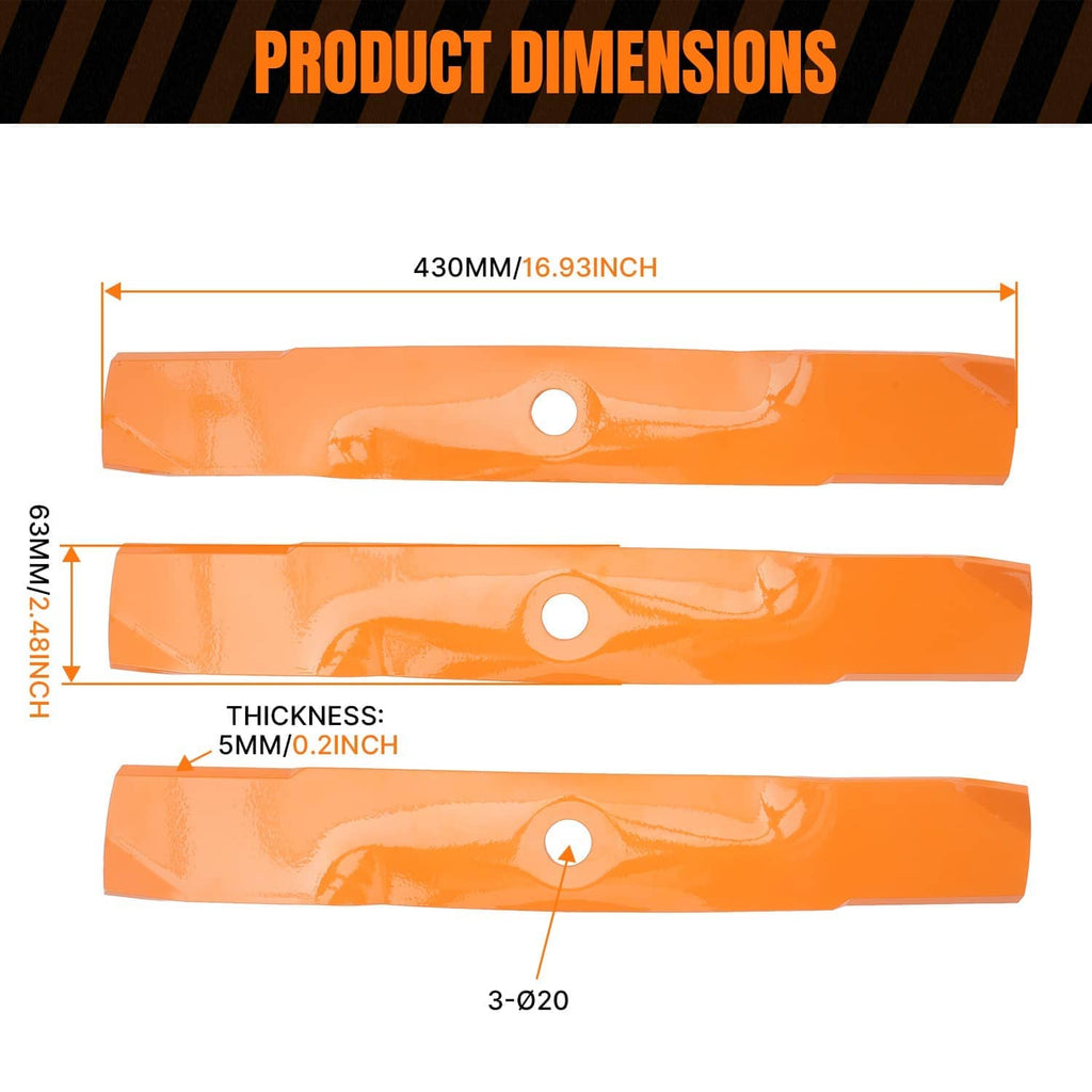 Orange mower blades shown with size/ thickness layout and center mounting holes