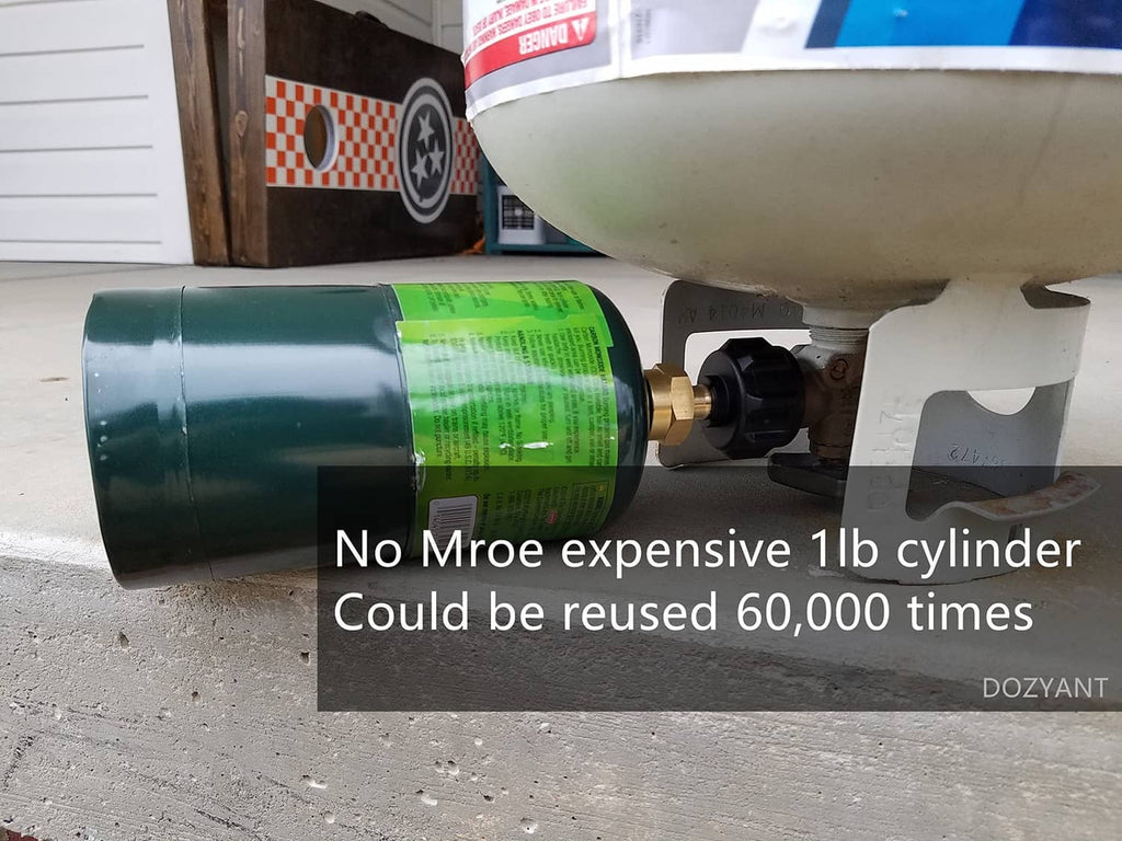 LP gas refill adapter connecting to a cylinder valve with brass threaded coupling