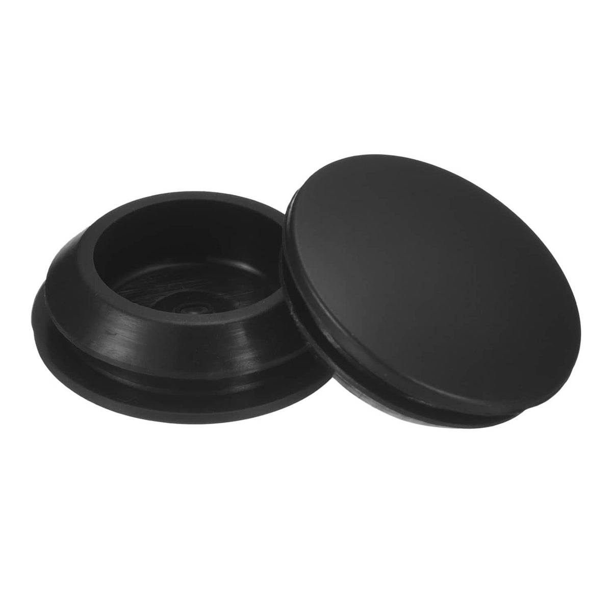Black round rubber snap-in hole plugs with locking lids