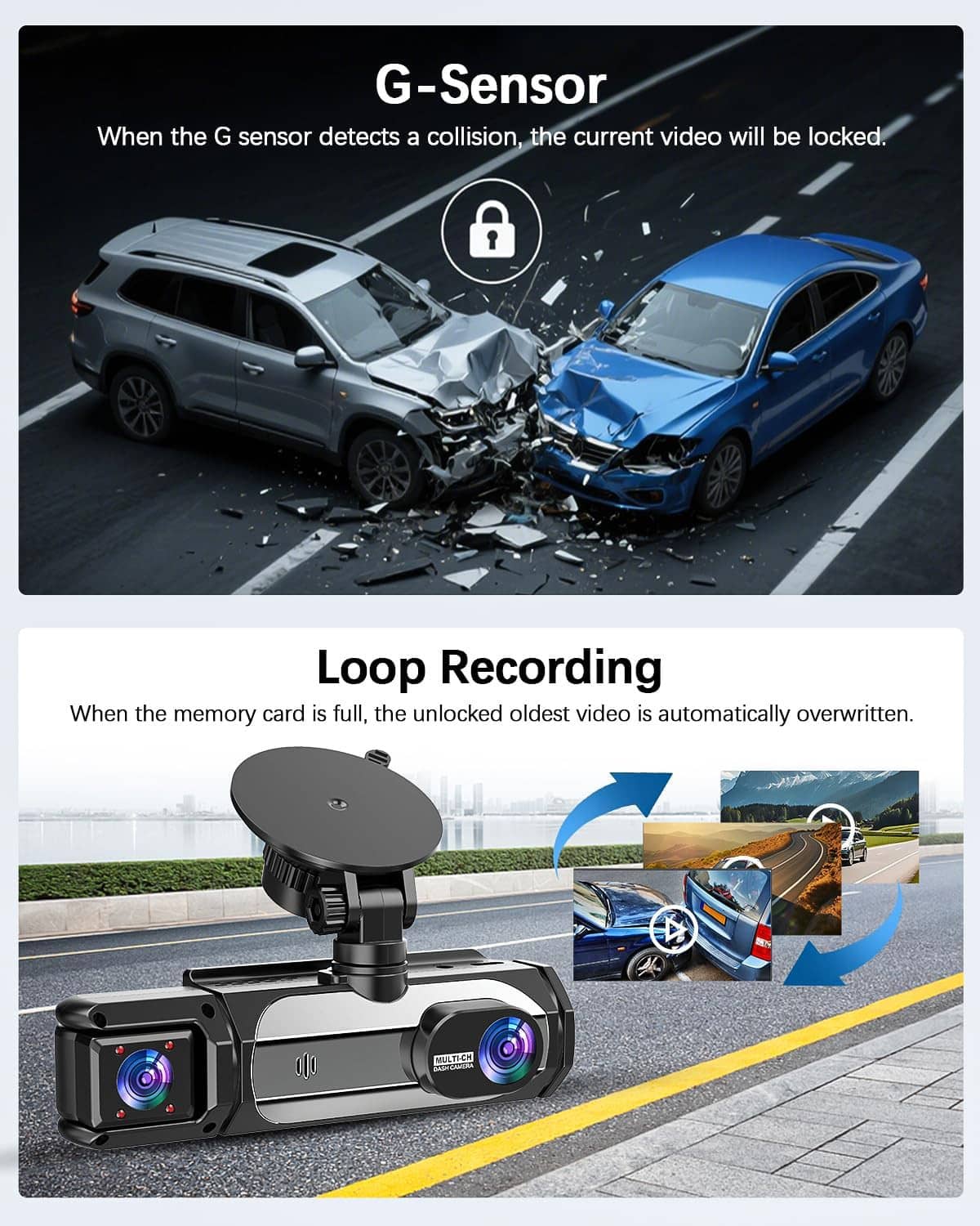 Dash cam with front dual-lens module and small rear camera, shown with loop recording