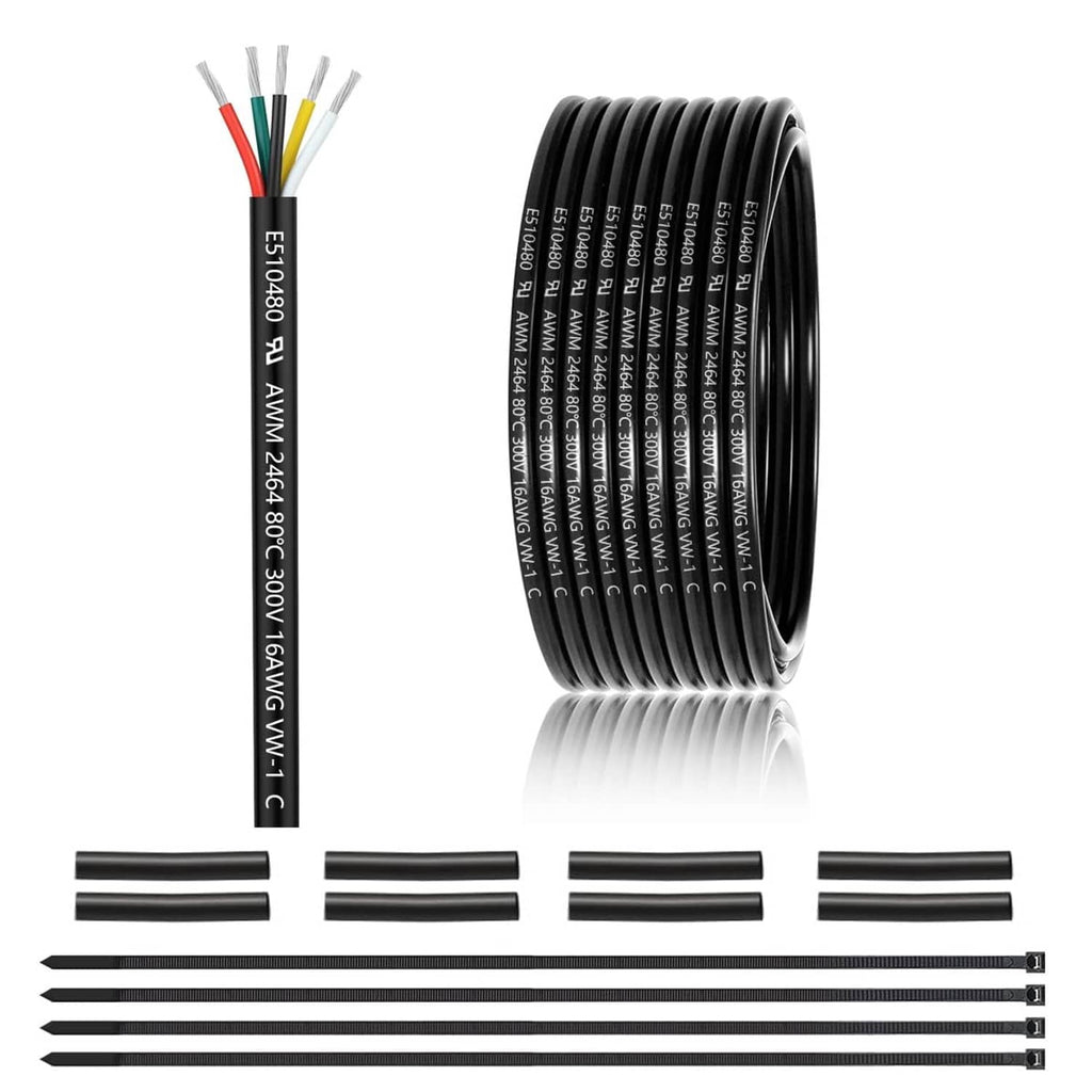 Black 16 AWG 5-conductor electrical wire, 25 ft, coiled with five colored leads