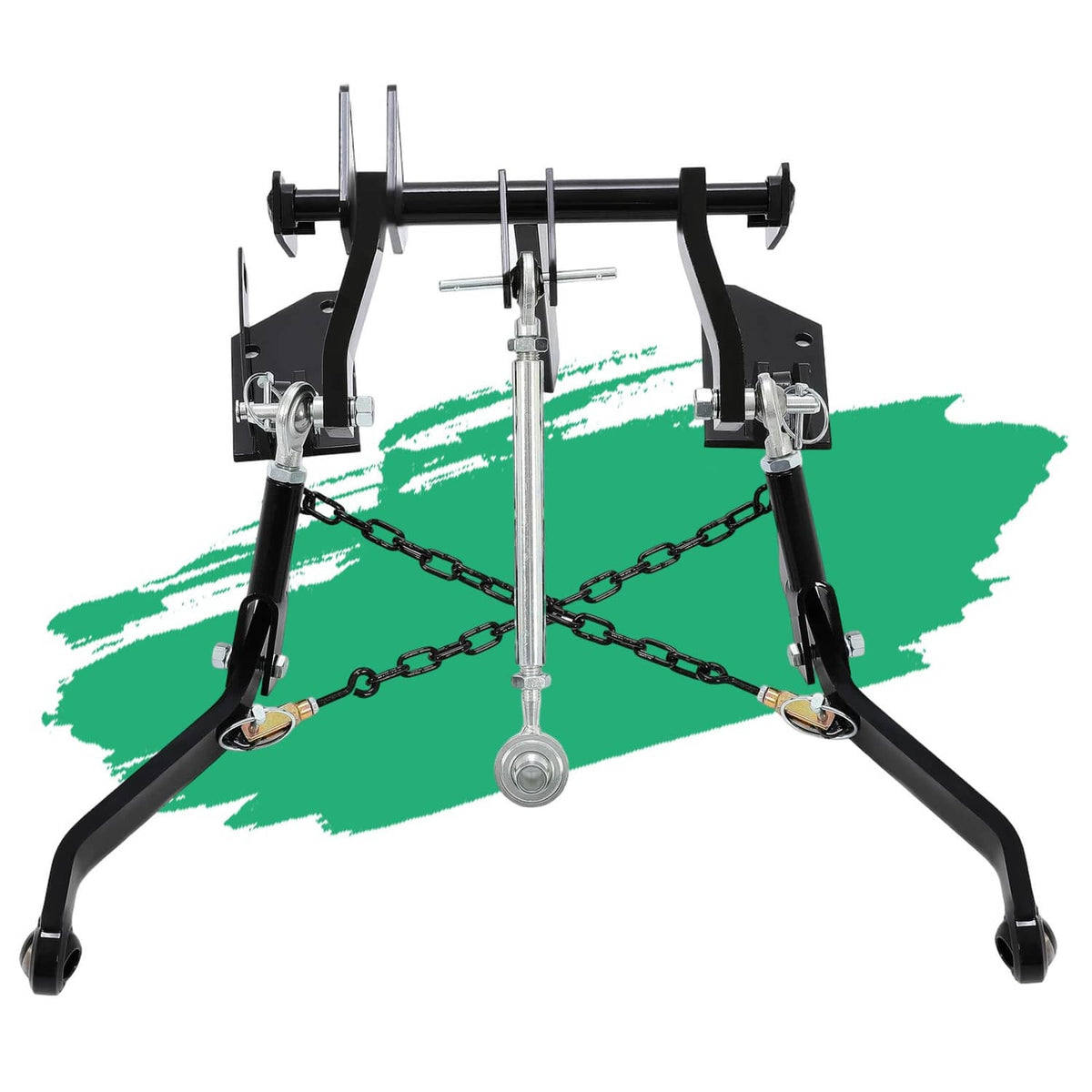 Rear 3-point hitch kit with black frame, lift arms, chains, and center lift linkage