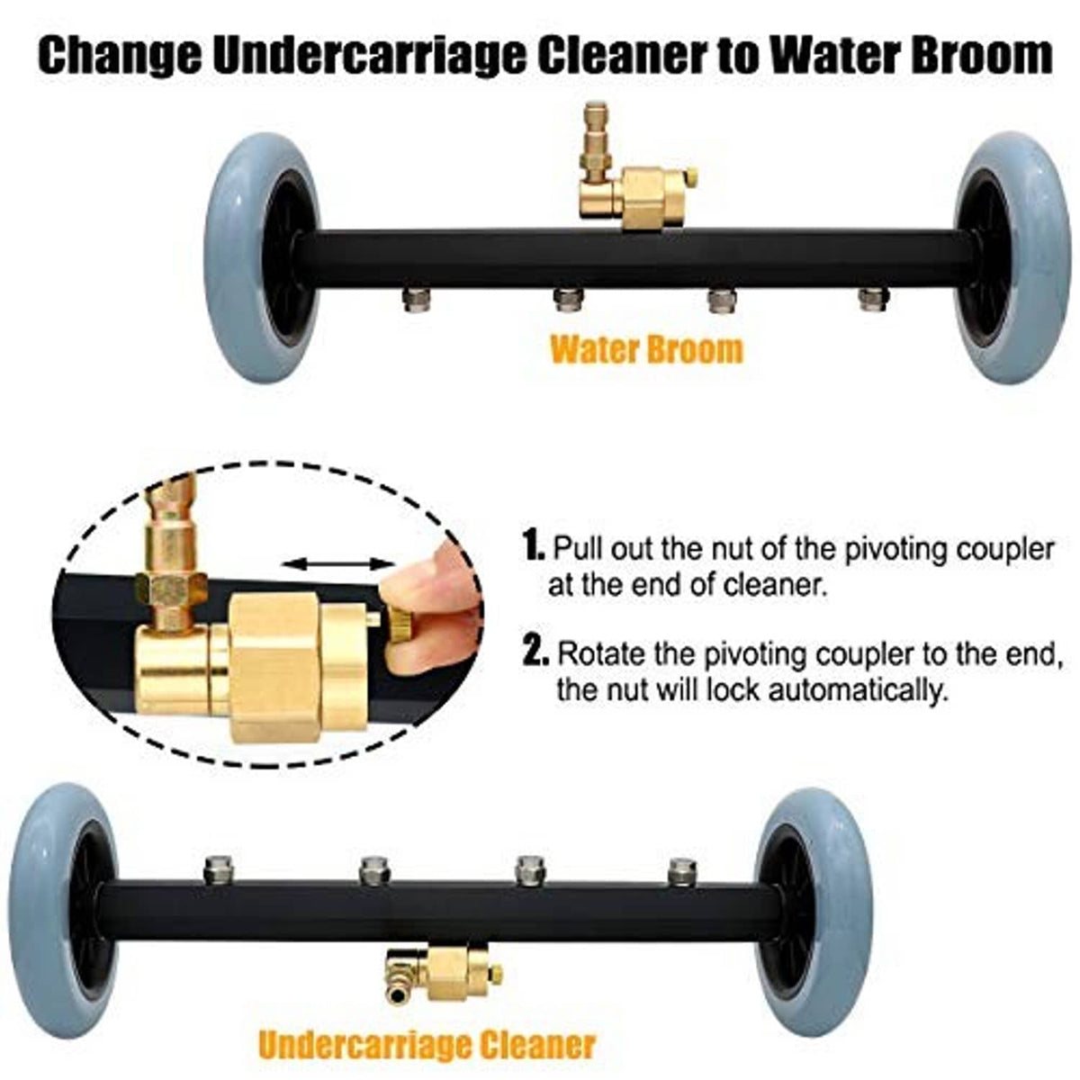 Pressure washer undercarriage cleaner showing brass coupling for water attachment