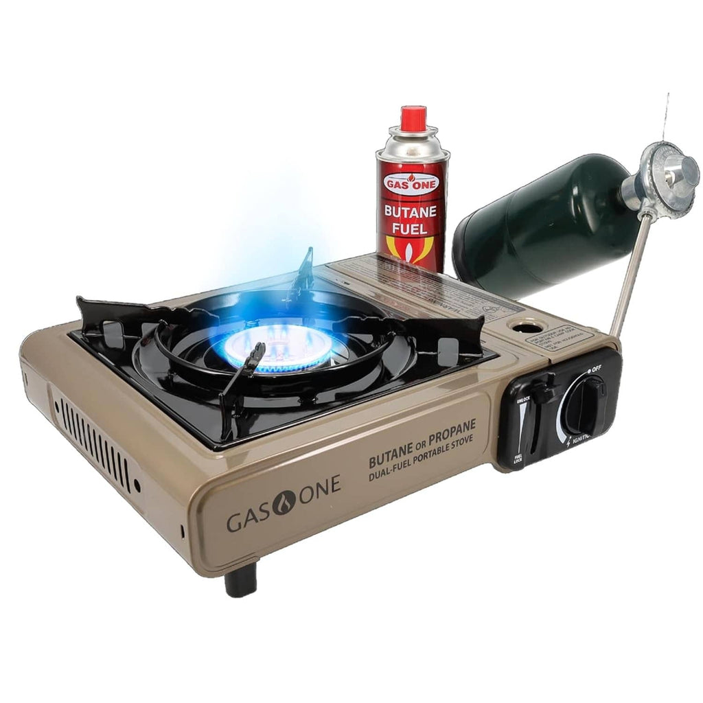 Portable dual-fuel propane and butane stove with blue flame on single burner, beige body
