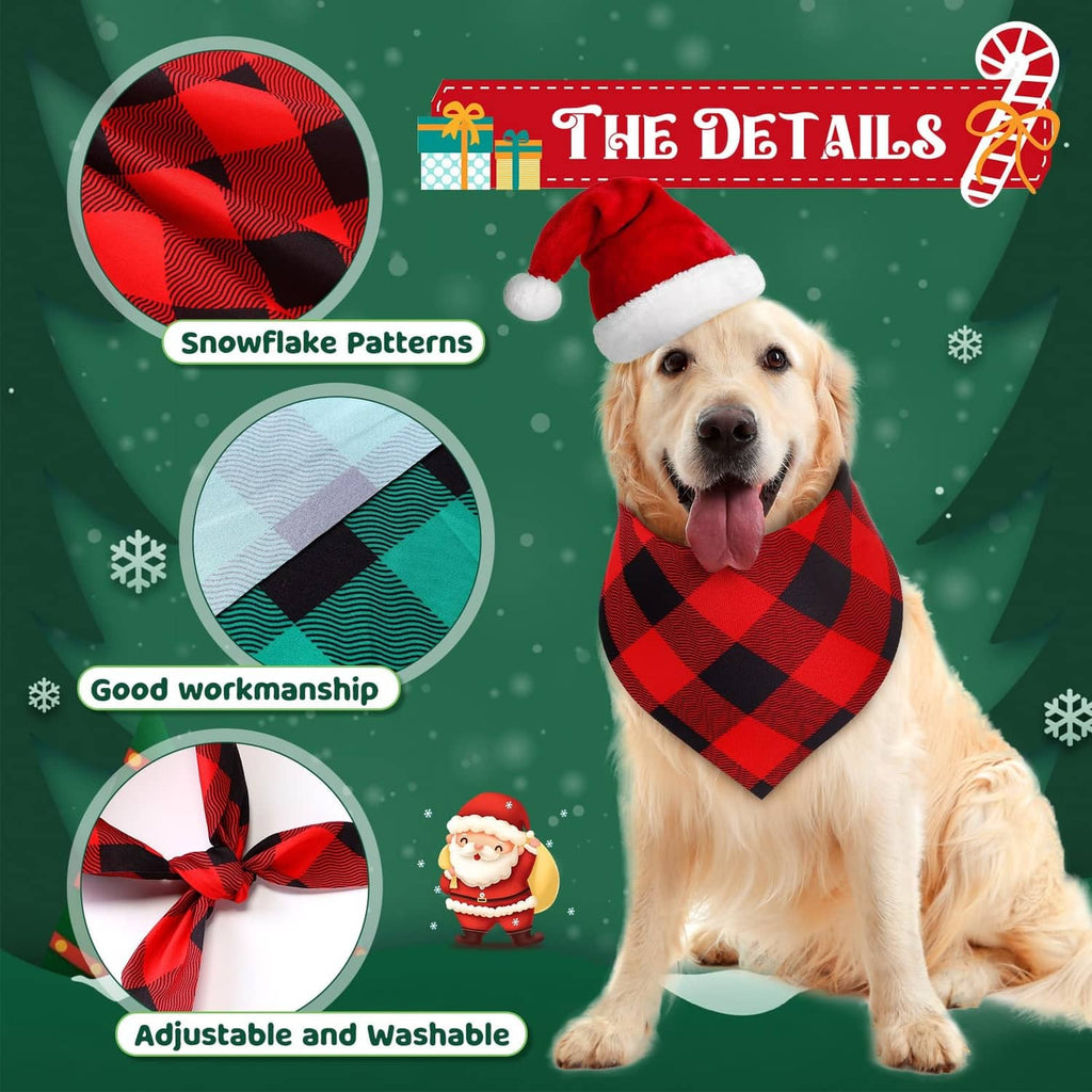 Dog wearing a red and green plaid bandana with black diamond pattern and bow