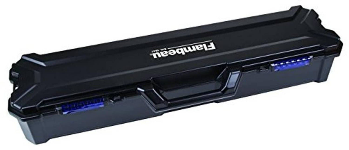 Black rod bunk box with recessed latch, end cap, and blue guide accents.