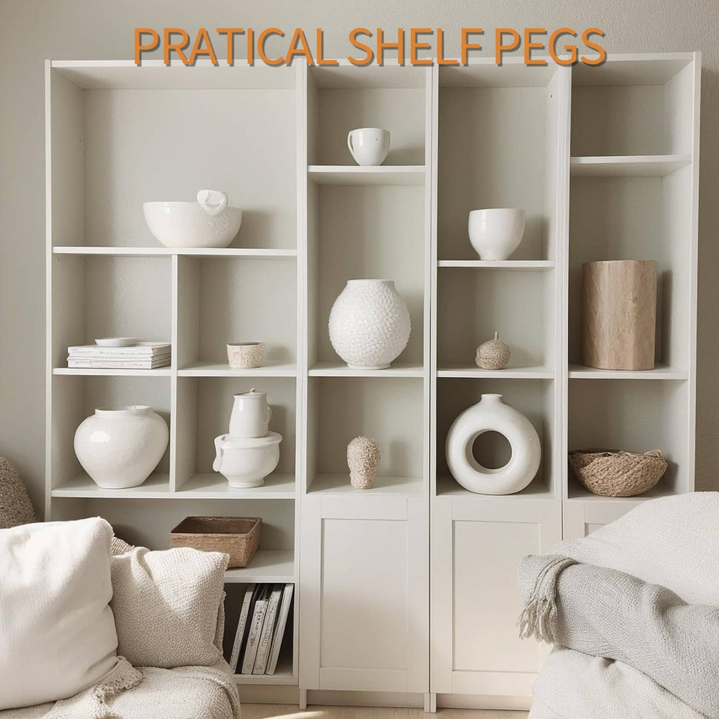 Silver shelf pegs supporting cabinet shelves inside a white storage unit