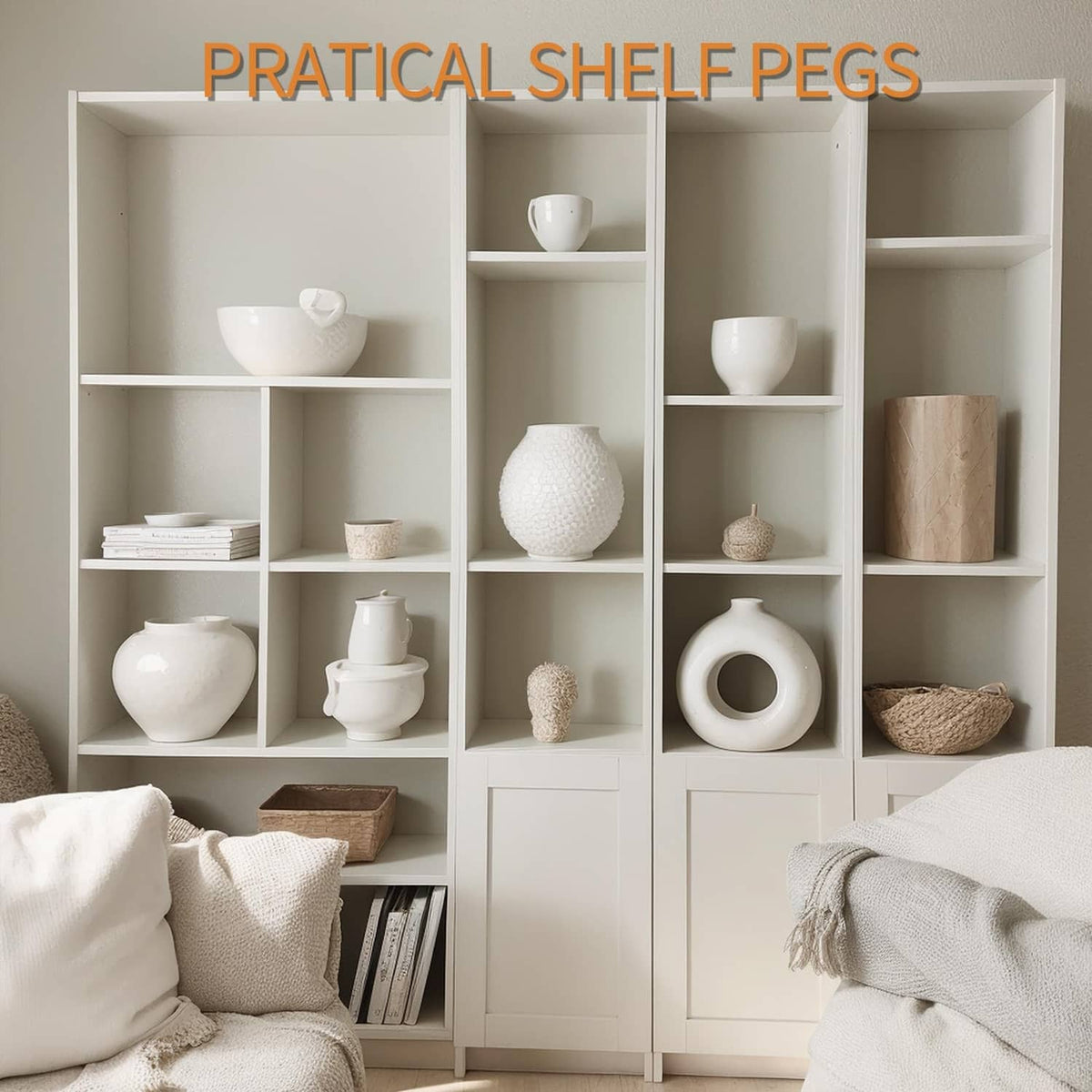 Silver shelf pegs supporting cabinet shelves inside a white storage unit