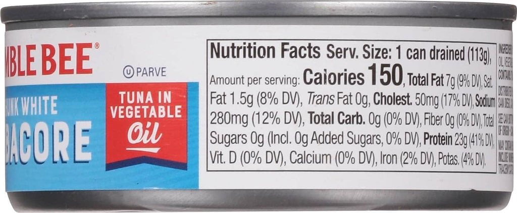 Bumble Bee Chunk White Albacore tuna can side with Nutrition Facts panel